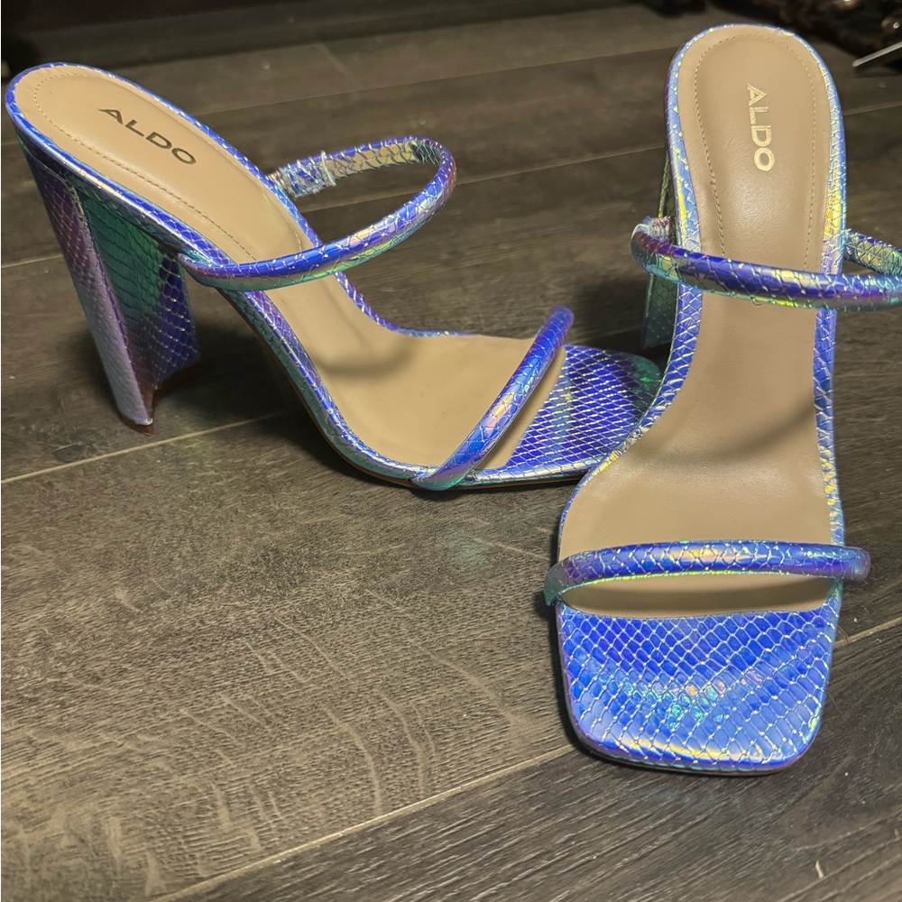 ALDO iridescent high heel sandals, gives off blue green purple and yellow shine